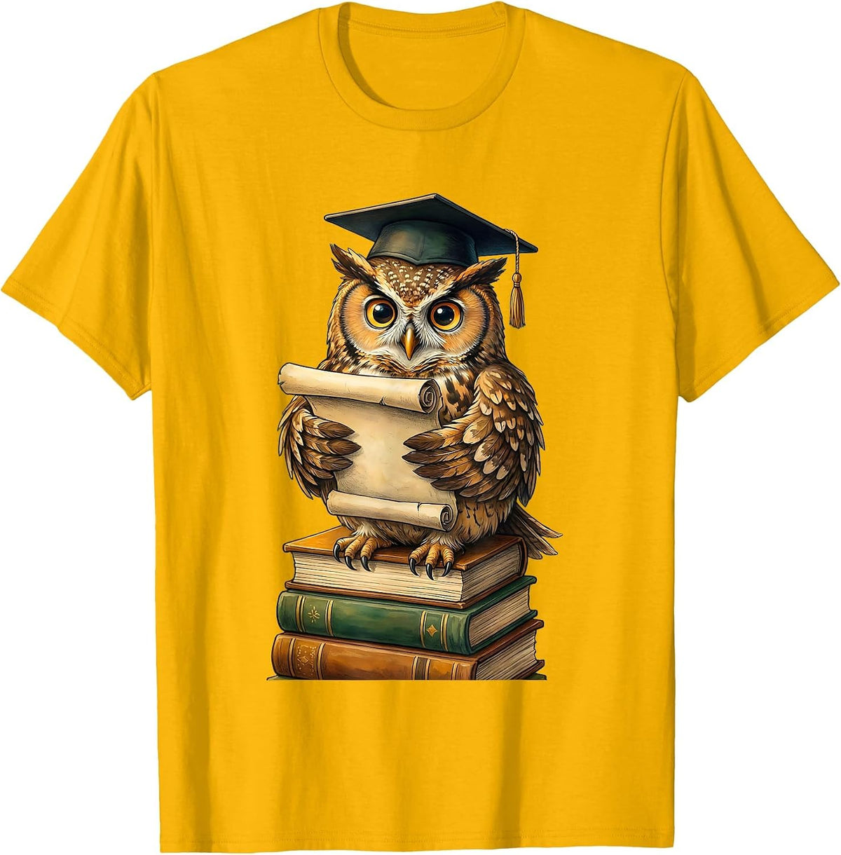 Men's Owl Graduation Cap Reading Scroll Teacher Gift T-Shirt - Golden Yellow