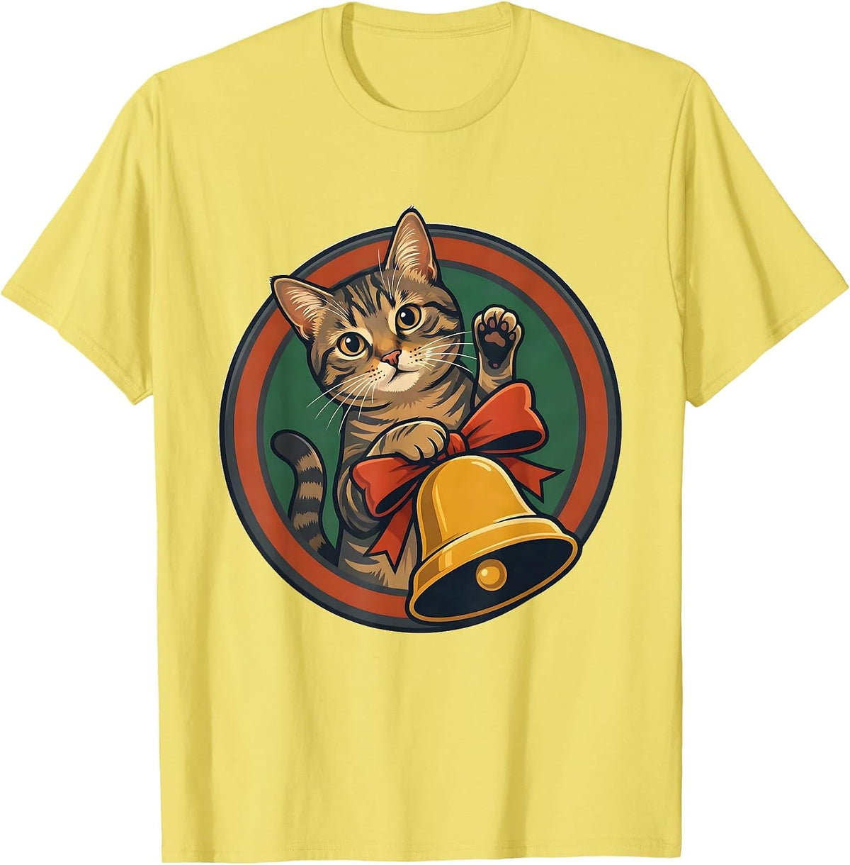 Men's Circular Badge Tabby Cat Hanging Christmas Bell Funny T-Shirt - Lemon Yellow
