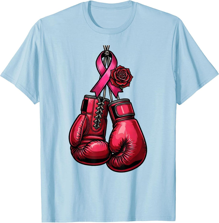 Men's Pink Ribbon Boxing Gloves Breast Cancer Awareness T-Shirt - Baby Blue