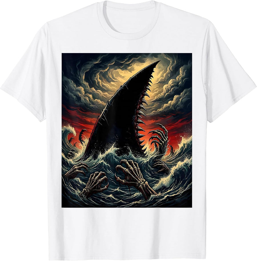 Men's Shark Dorsal Fin Stormy Sunset Illustration T-Shirt - White