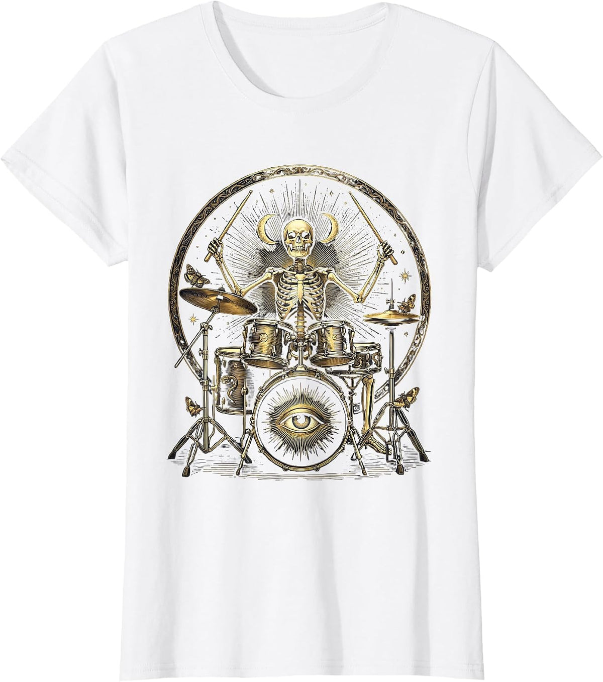 Skeleton Drummer Full Energy Drum Kit Graphic T-Shirt - White