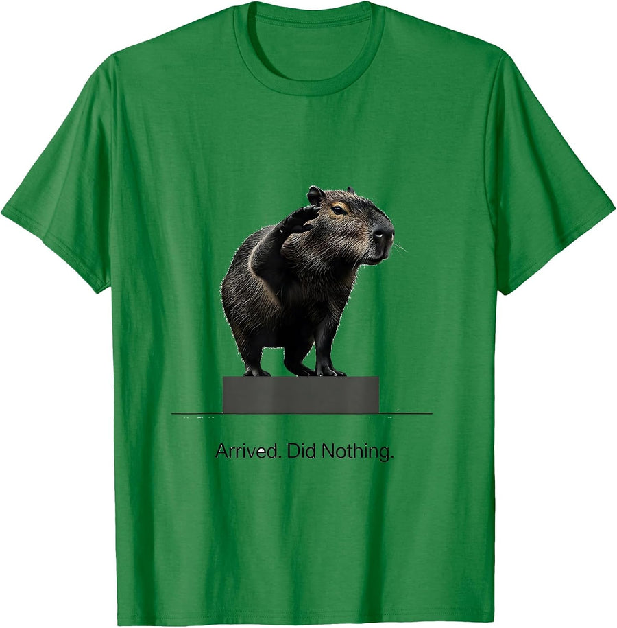 Men's Arrived. Did Nothing Minimalist Capybara Animal Meme Humor T-Shirt - Kelly Green