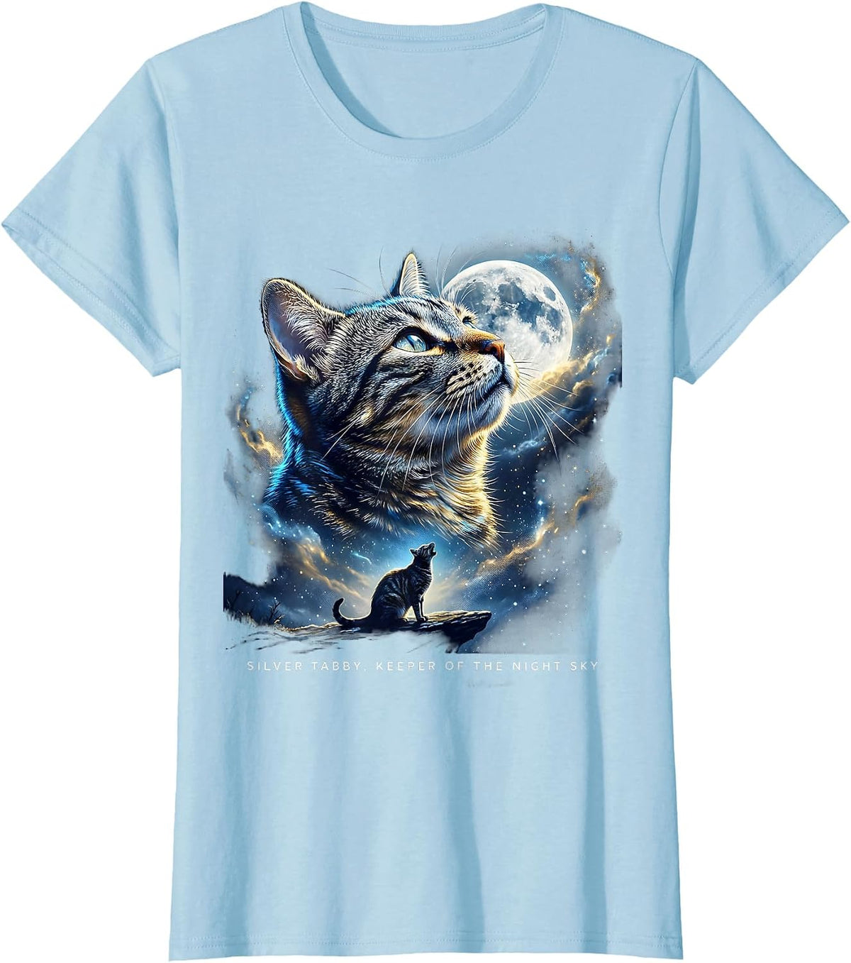 Silver Tabby, Keeper of the Night Sky Cosmic Retro Cat Lover T-Shirt - Baby Blue