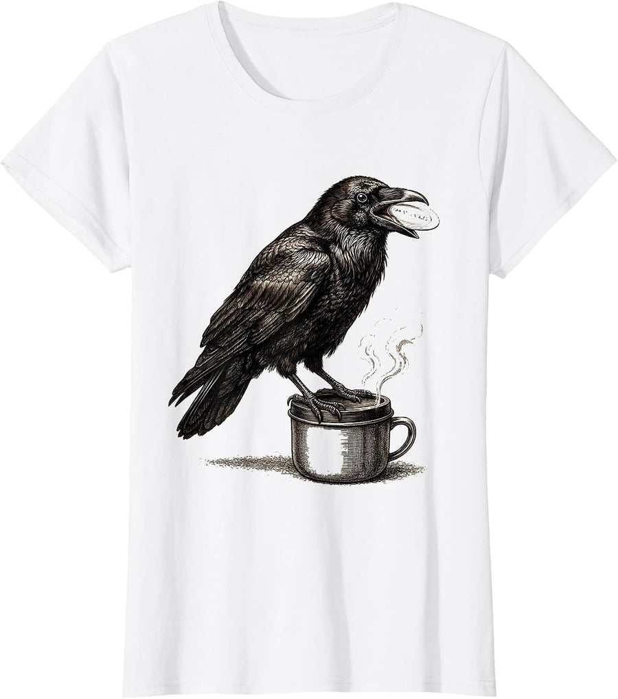 Women's Caw Still Sealed Gothic Raven Coffee Humor Halloween T-Shirt - White