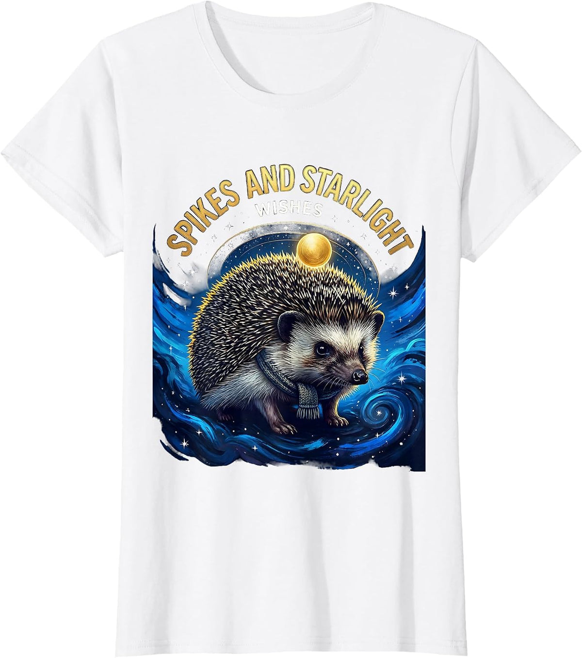 Women's Spikes And Starlight Wishes Cosmic Hedgehog Van Gogh Parody T-Shirt - White