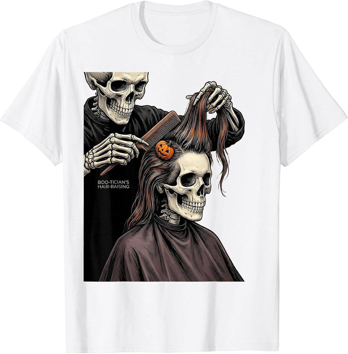 Men's Boo-tician's Hair-Raising Funny Skeleton Hairdresser T-Shirt - White