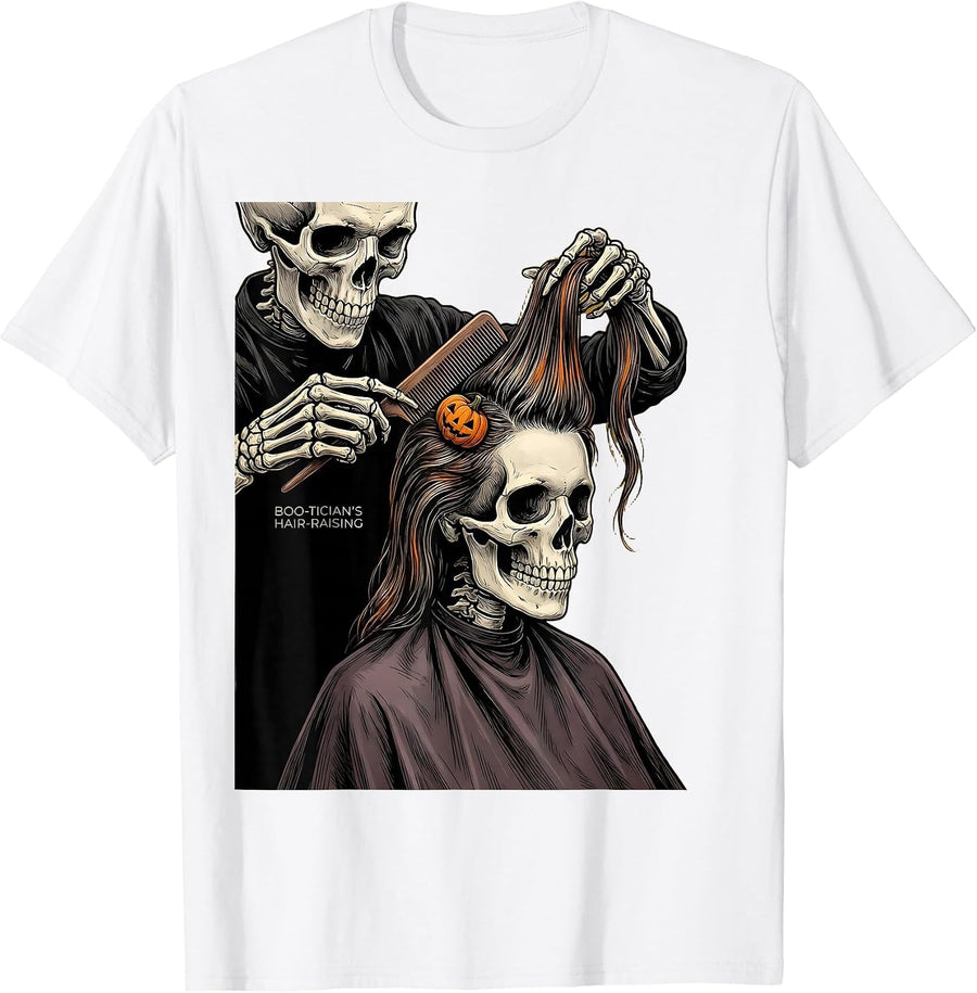 Men's Boo-tician's Hair-Raising Funny Skeleton Hairdresser T-Shirt - White
