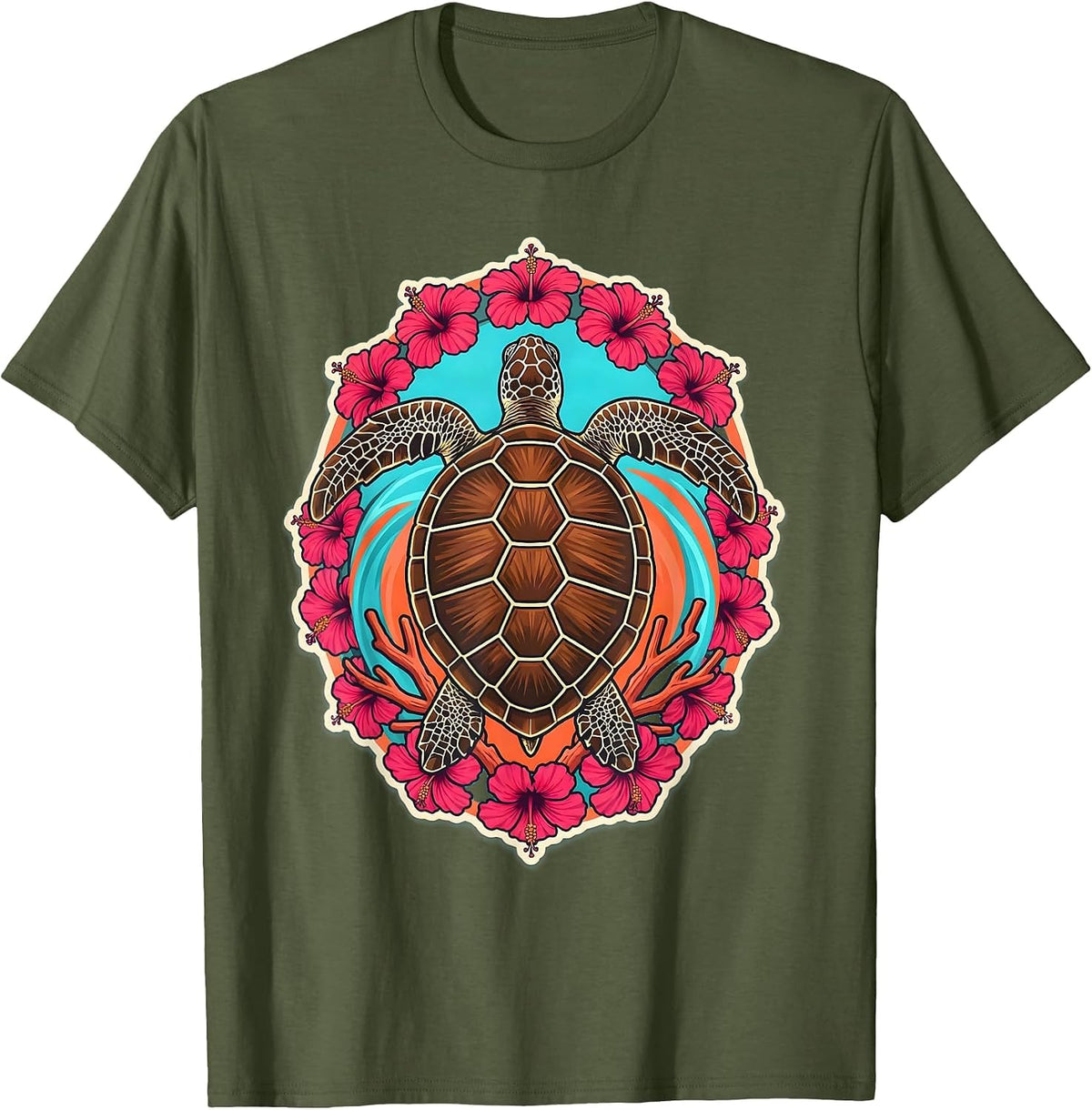 Men's Hawaii Sea Turtle Coral Reef Illustration T-Shirt - Olive Green