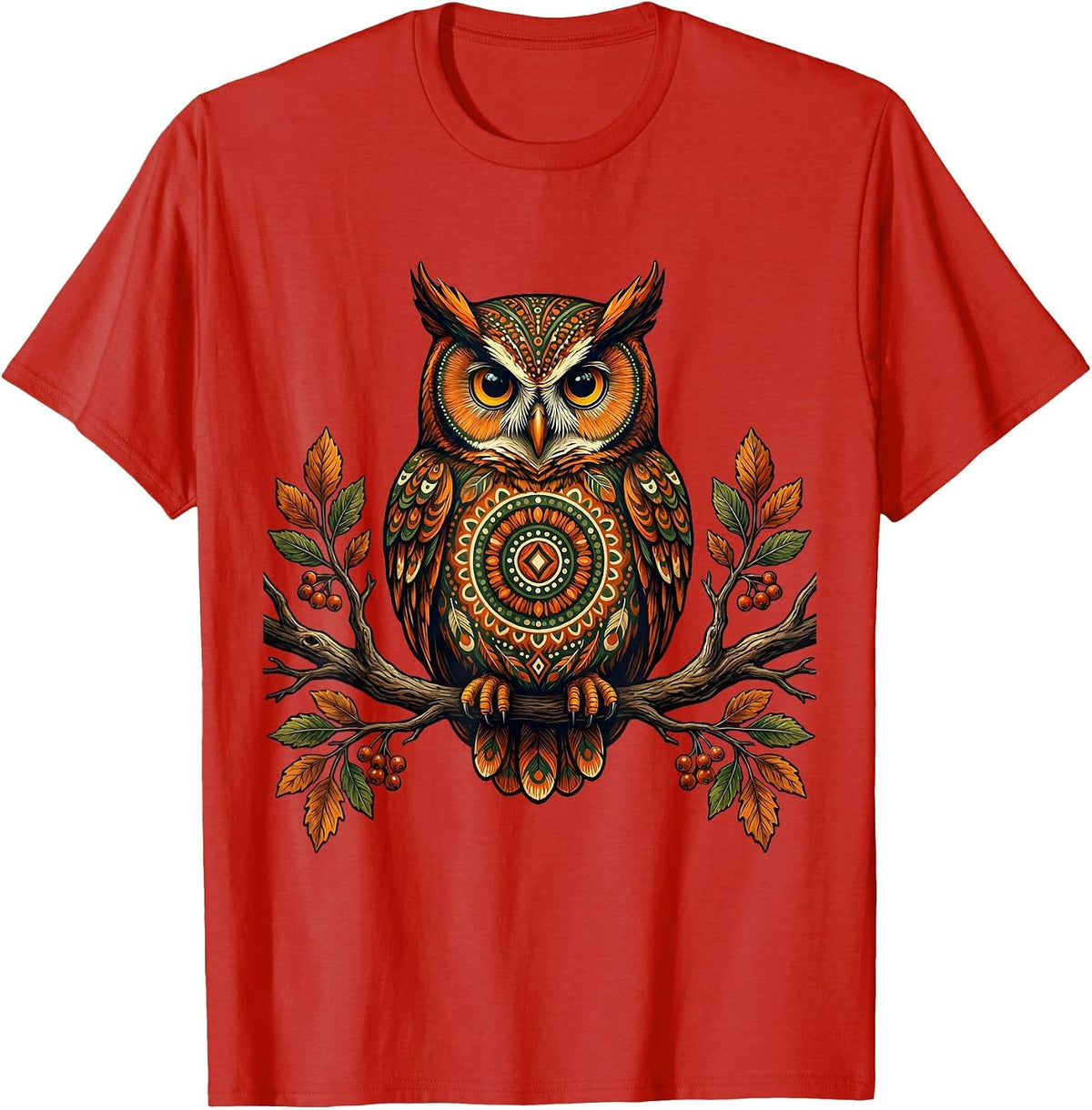 Men's Autumn Owl Perched on Bare Branch Fall Design T-Shirt - Red