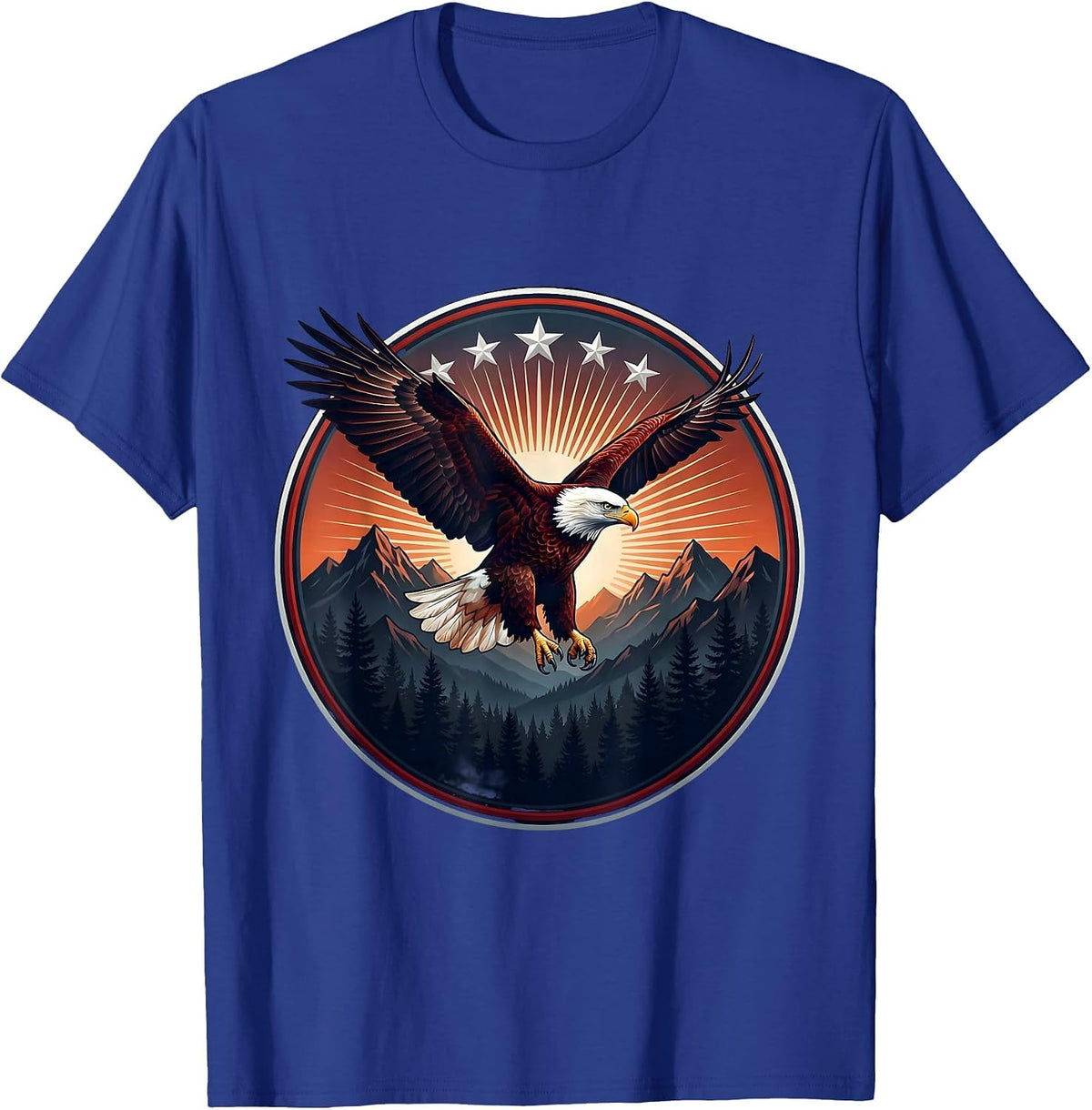 Men's Eagle Flying Through Burst of Stars Patriotic T-Shirt - Royal Blue