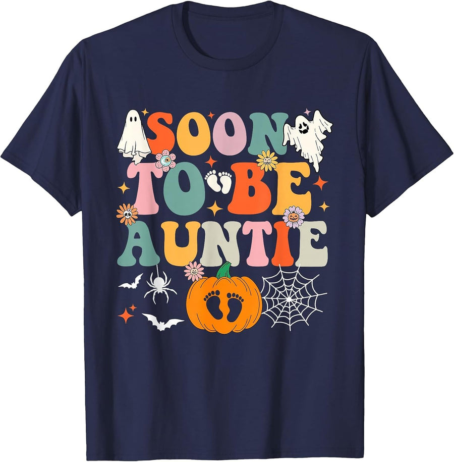 Soon to Be Auntie Halloween Pregnancy Announcement Pumpkin T-Shirt - Navy Blue