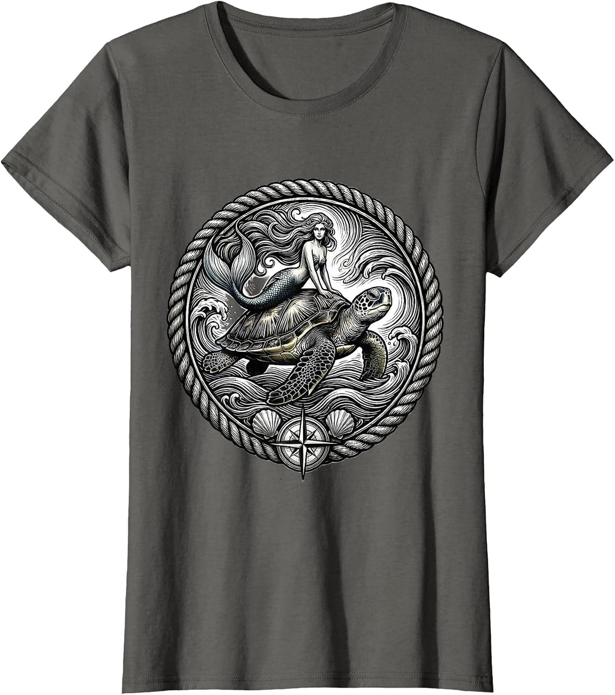 Women's Mermaid Riding Giant Sea Turtle Ocean Waves T-Shirt - Asphalt Grey
