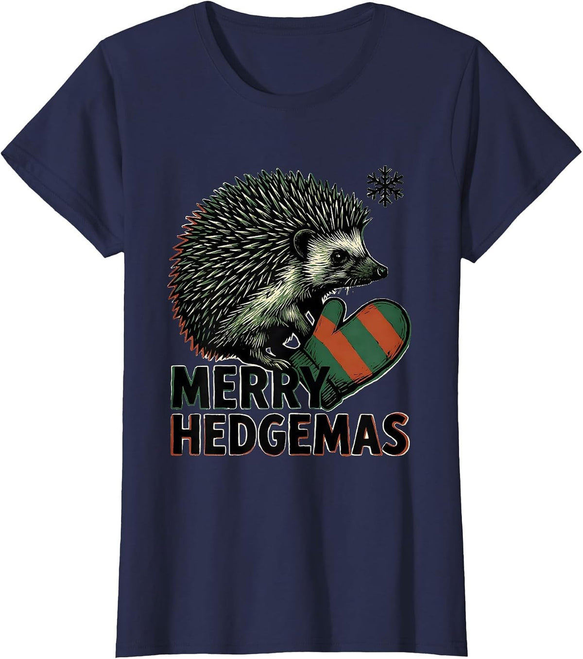 Women's Merry Hedgemas Linocut Hedgehog Christmas Novelty Gift T-Shirt - Navy Blue