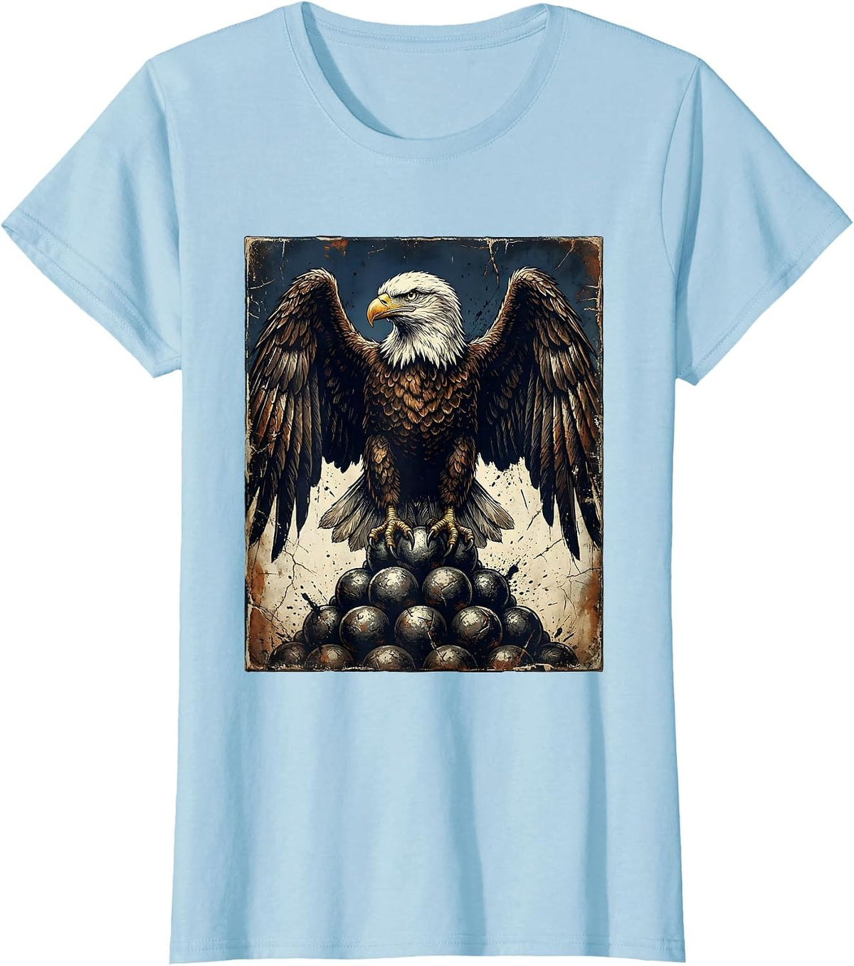 Eagle and Cannonballs 1776 Patriotic Illustration T-Shirt - Baby Blue