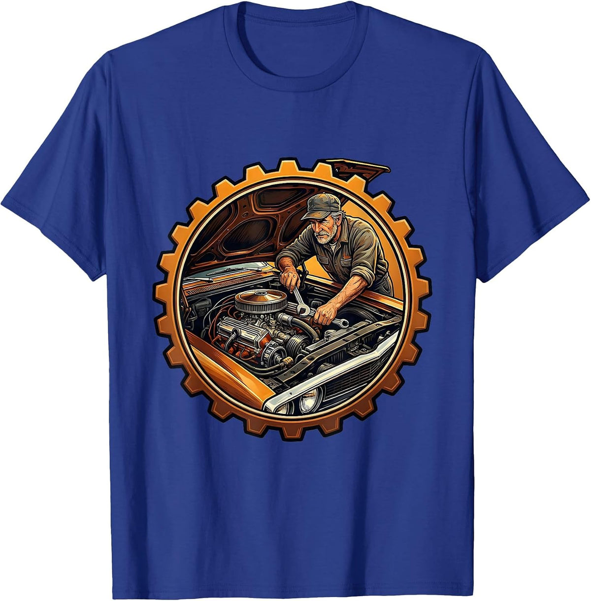 Retired Classic Car Engine Mechanic Graphic Tee T-Shirt - Royal Blue