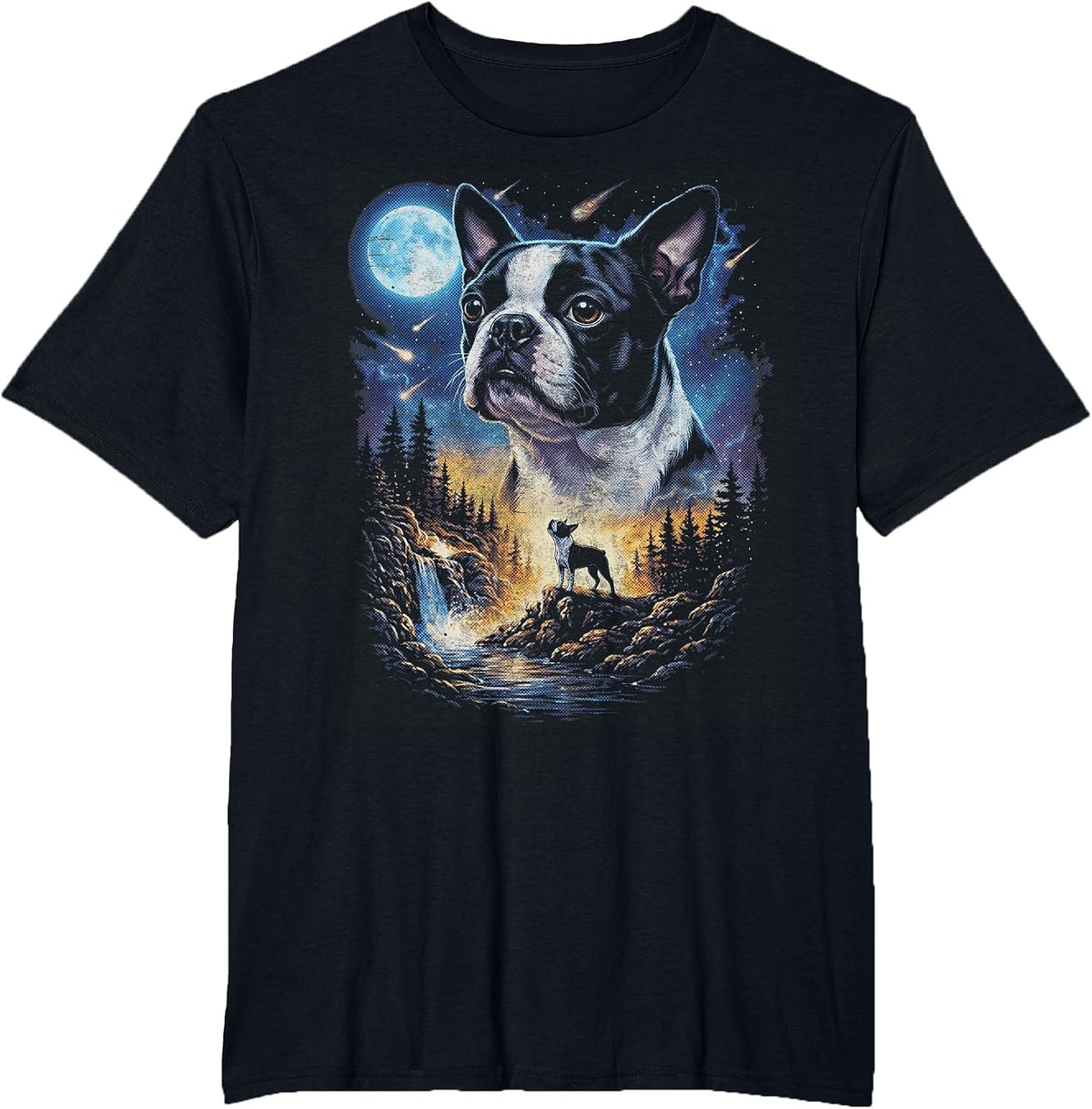 Boston Terrier Howling At The Moon Vintage Dog Art T-Shirt - Black