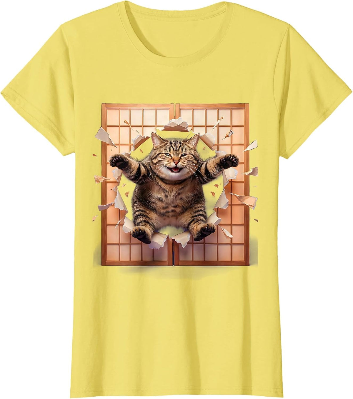 Women's Tabby Cat Leaping Through Shoji Screen T-Shirt - Lemon Yellow