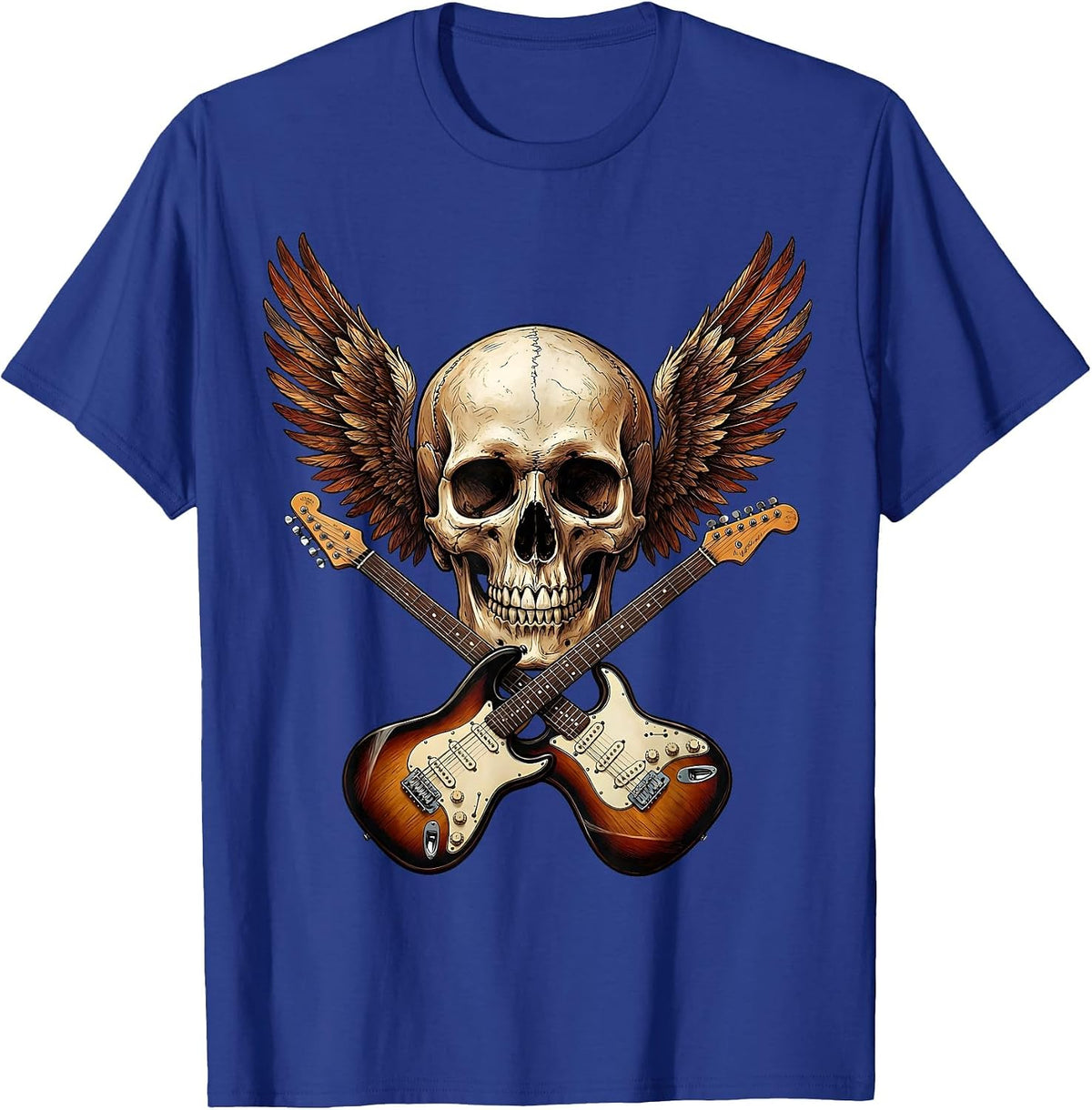 Winged Skull Crossed Guitars Rock Graphic T-Shirt - Royal Blue