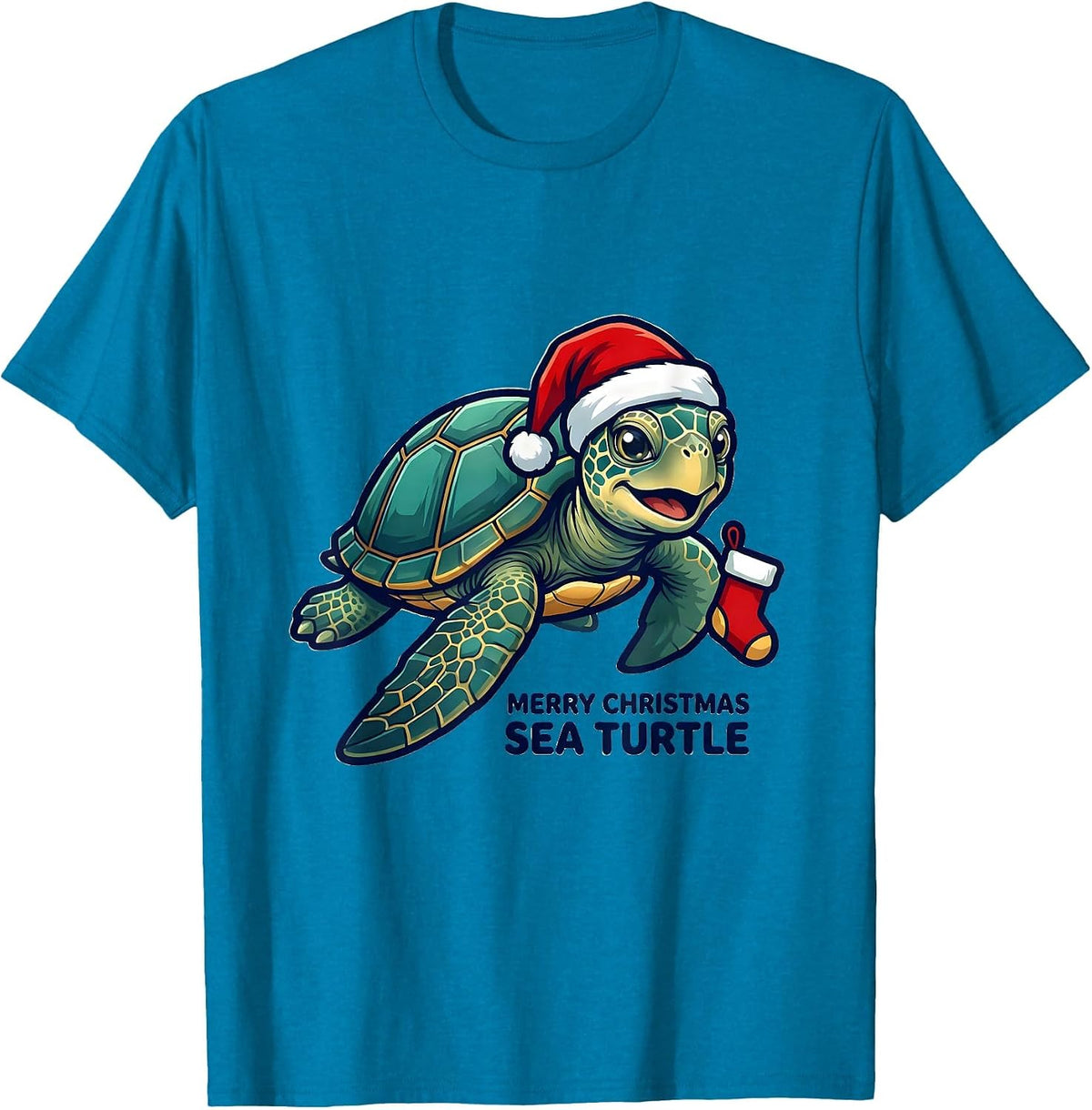 Merry Christmas Sea Turtle Santa Hat Whimsical Novelty Gift T-Shirt - Sapphire Blue