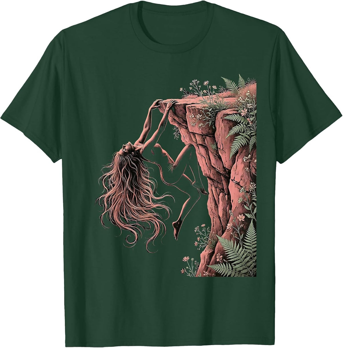 Do It Lady Rock Climber Cliff Hanging Graphic T-Shirt - Dark Green