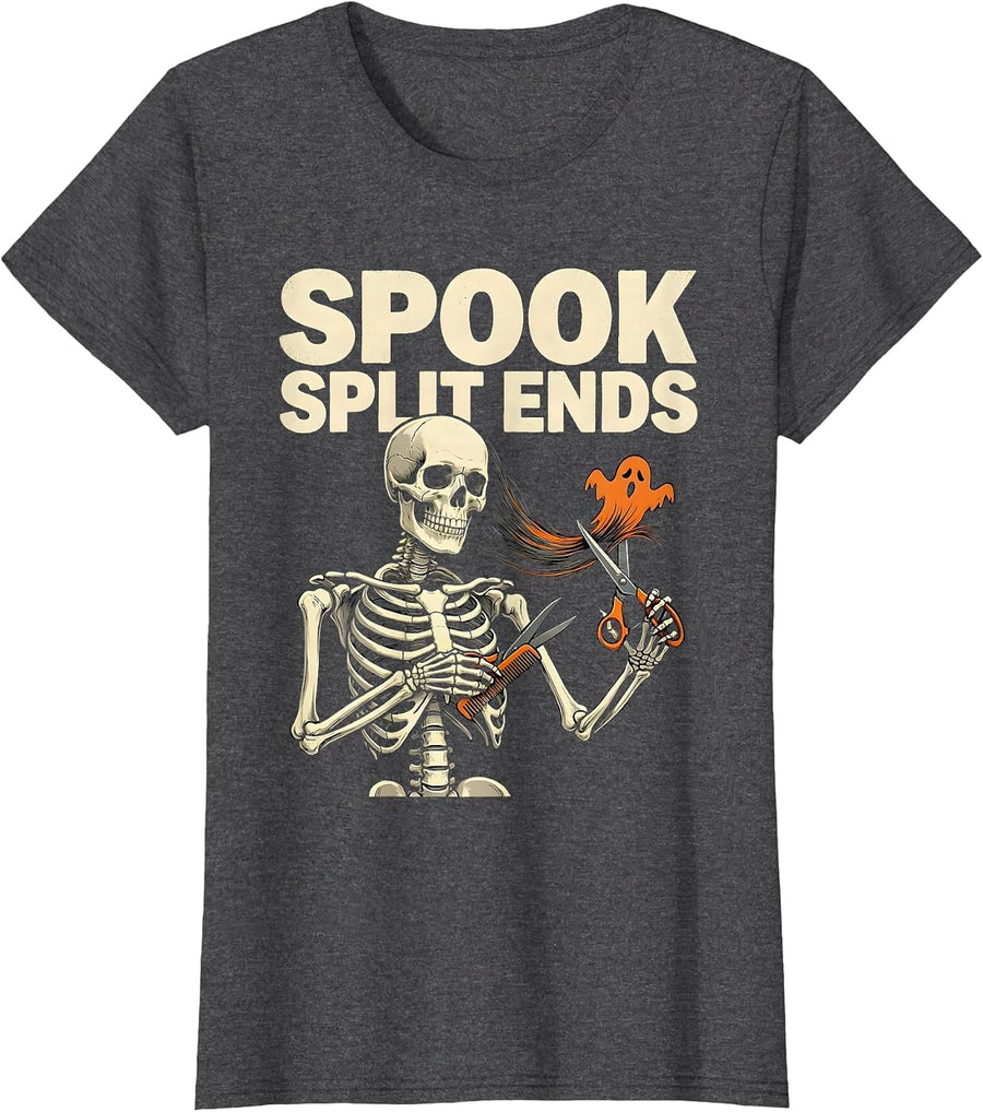 Women's Spook Split Ends Funny Skeleton Hairstylist Halloween Barber T-Shirt - Dark Heather Grey