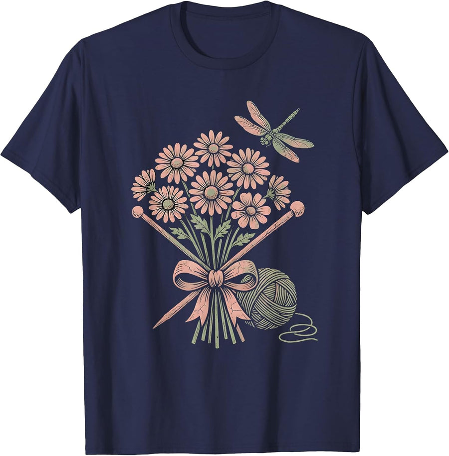Nana Rocking Chair Knitting Illustration T-Shirt - Navy Blue