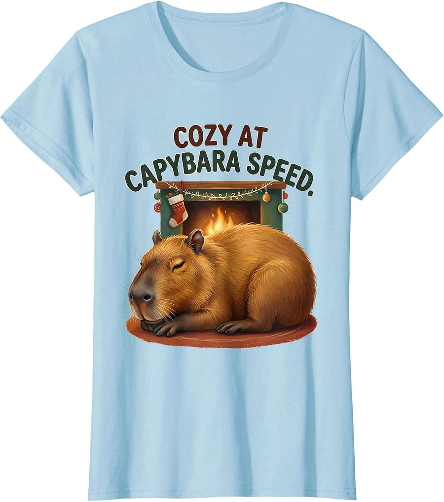 Women's Cozy At Capybara Speed Cute Christmas Capybara Animal Lover T-Shirt - Baby Blue