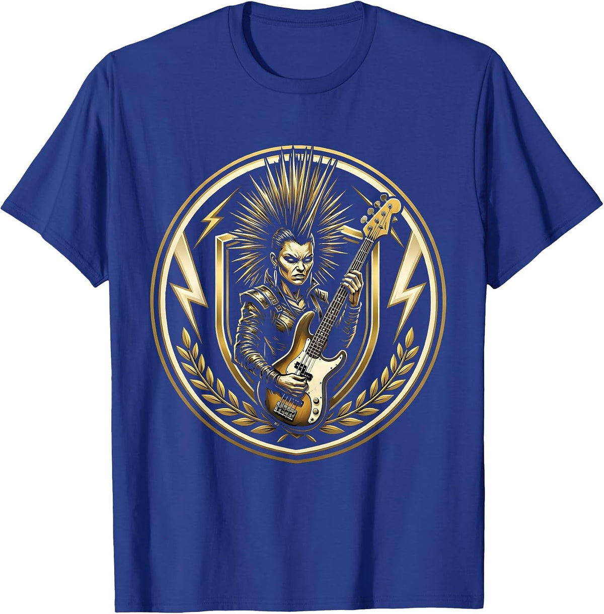 Fierce Mohawk Bass Guitar Rock Band Graphic T-Shirt - Royal Blue
