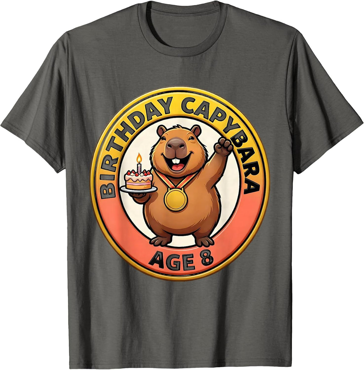 Birthday Capybara Age 8 Kawaii Cute Animal 8th Birthday T-Shirt - Asphalt Grey