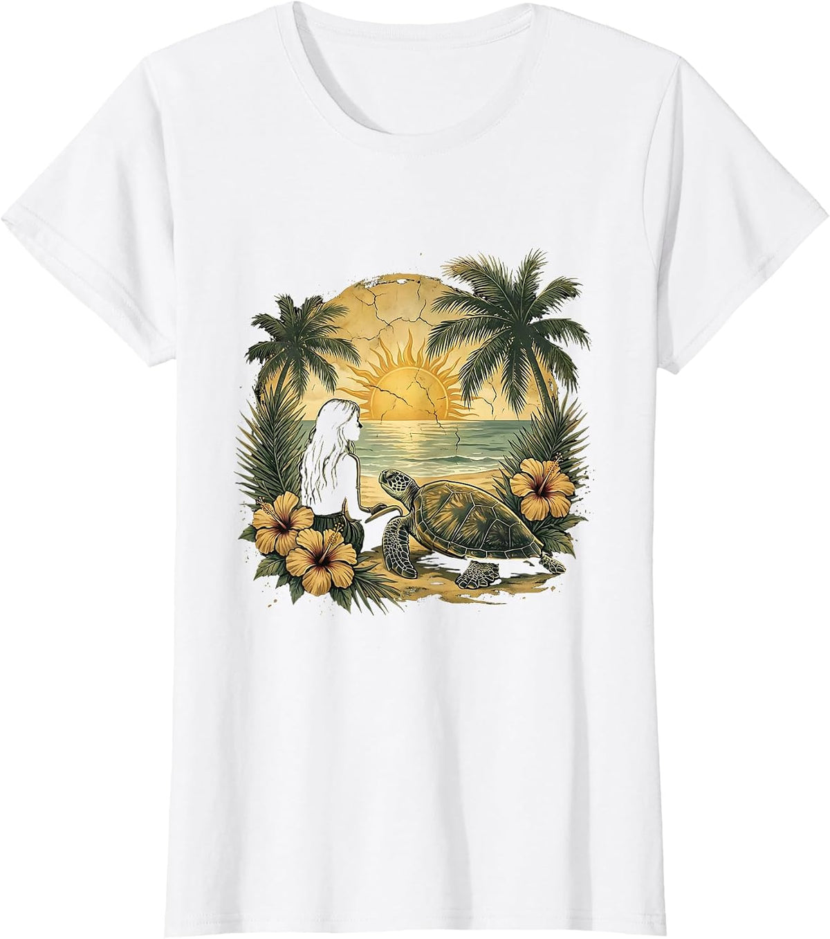 Women's Girl On Beach With Sea Turtle Hawaiian Design T-Shirt - White