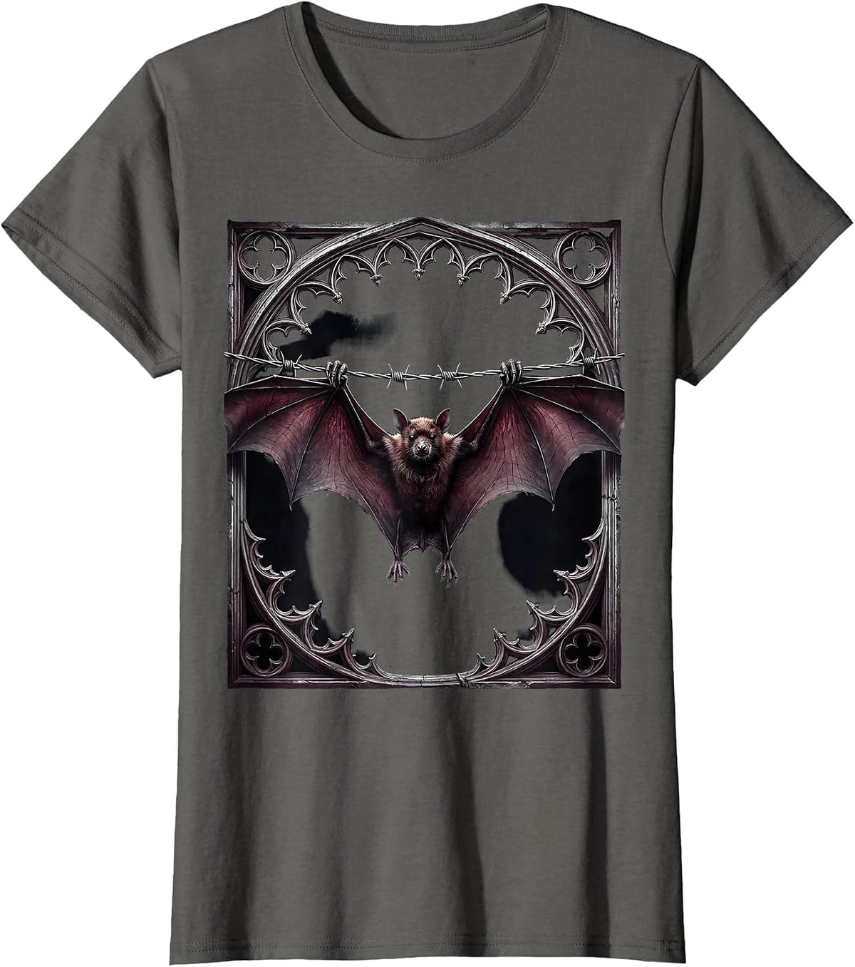 Women's Punk Bat on Barbed Wire Gothic Illustration T-Shirt - Asphalt Grey