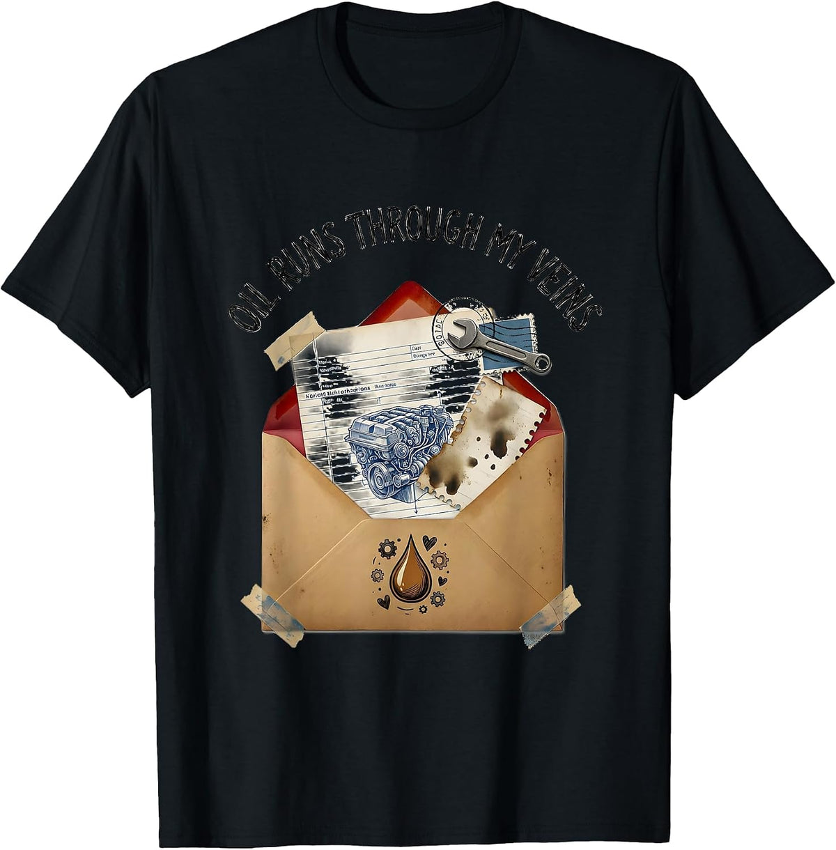 Men's Oil Runs Through My Veins Mechanic Design T-Shirt - Black