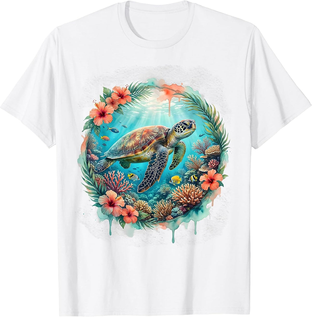Men's Sea Turtle Coral Reef Hawaiian Ocean Design T-Shirt - White
