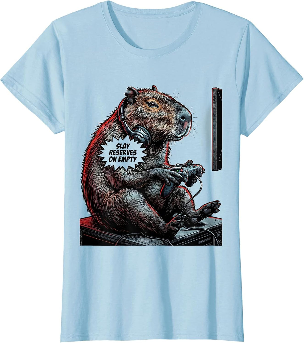 Women's Slay Reserves On Empty Comic Book Capybara Gamer Meme Humor T-Shirt - Baby Blue