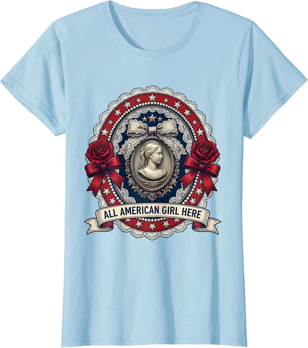 Women's All American Girl Red White and Blue Patriotic Design T-Shirt - Baby Blue