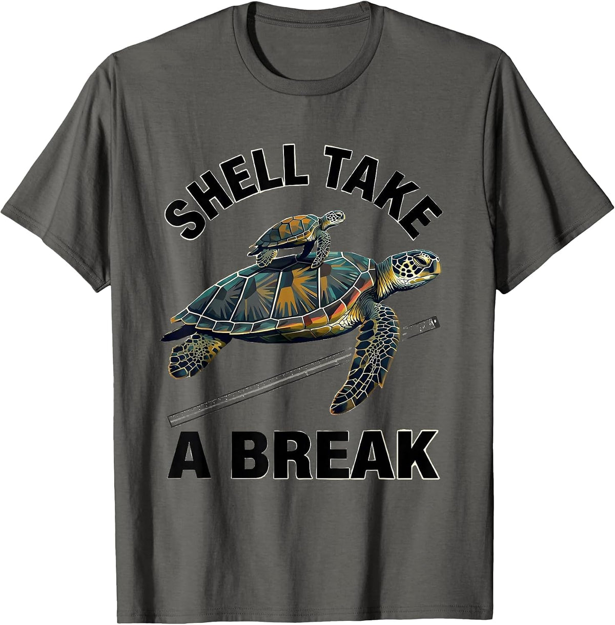 Men's Shell Take A Break Midcentury Modern Sea Turtle Ocean Animal T-Shirt - Asphalt Grey