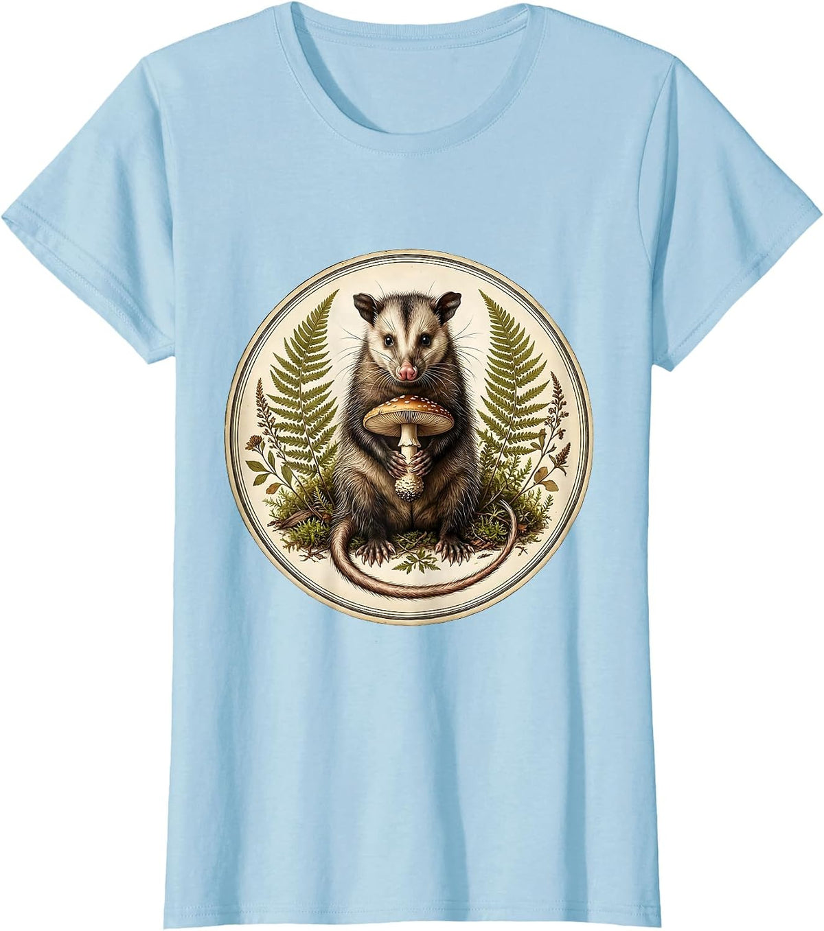 Women's Opossum Holding Mushroom Moonlit Forest Art T-Shirt - Baby Blue