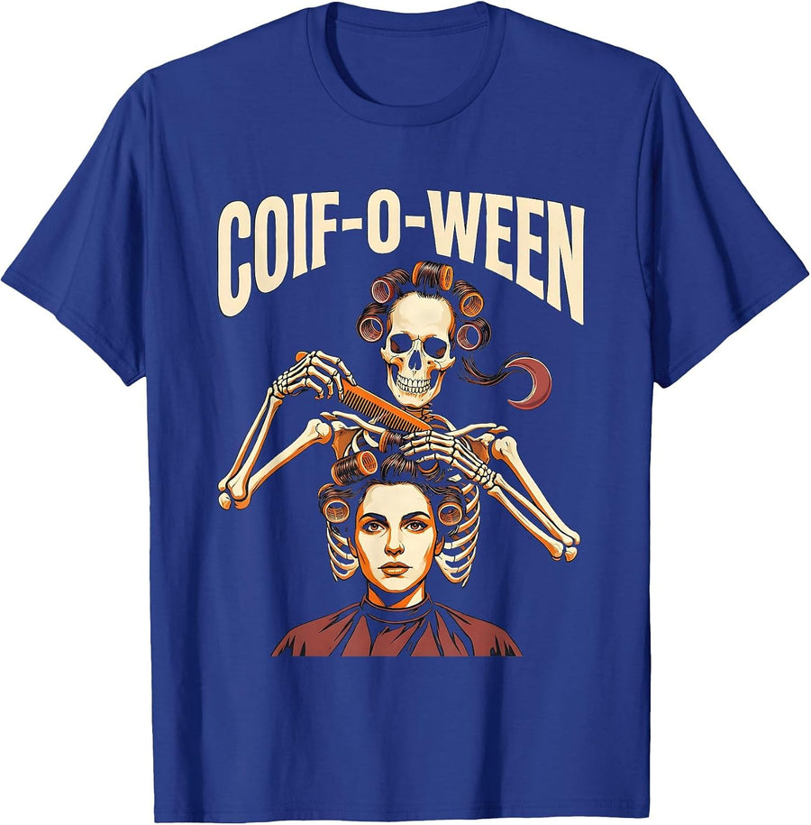 Coif-o-Ween Skeleton Hairstylist Barber Halloween Humor T-Shirt - Royal Blue