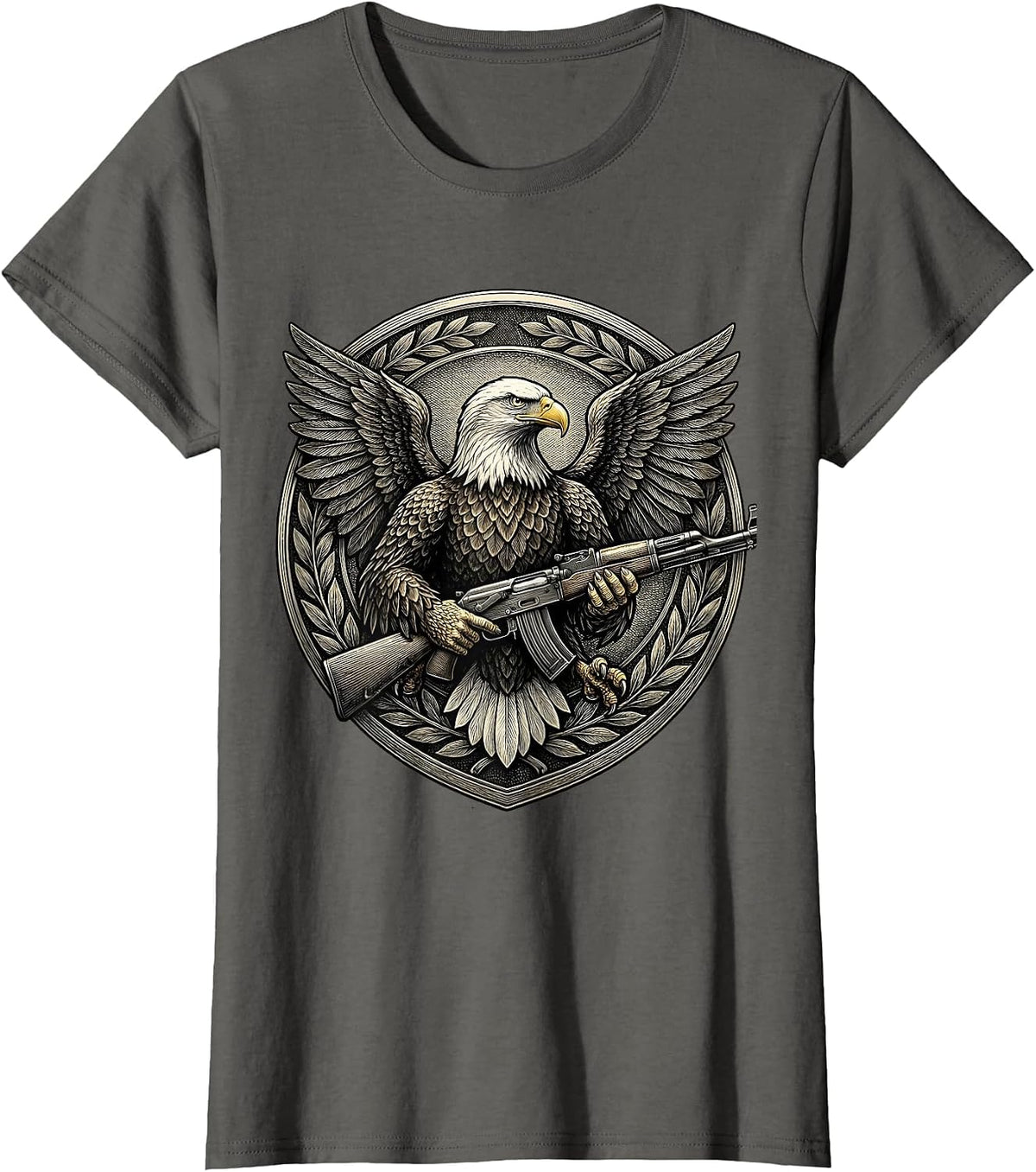 Women's US Army Eagle Clutching Rifle Patriotic Graphic T-Shirt - Asphalt Grey