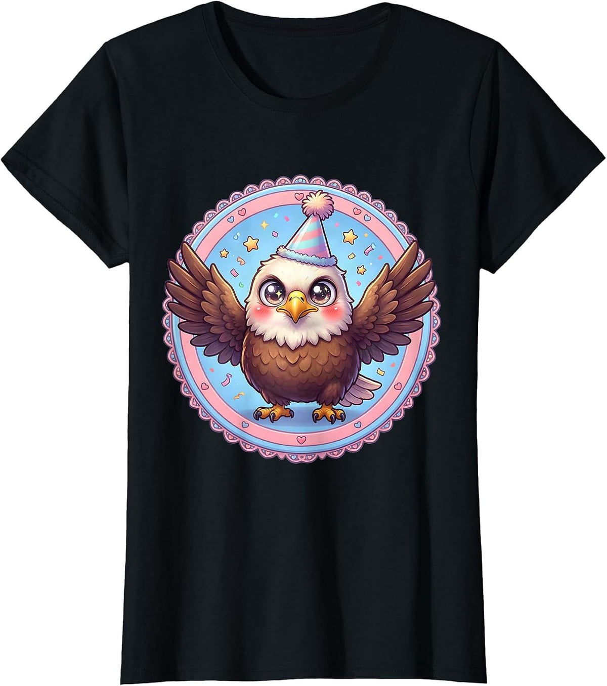 Birthday Eagle Party Hat Mid-Flight Illustration T-Shirt - Black