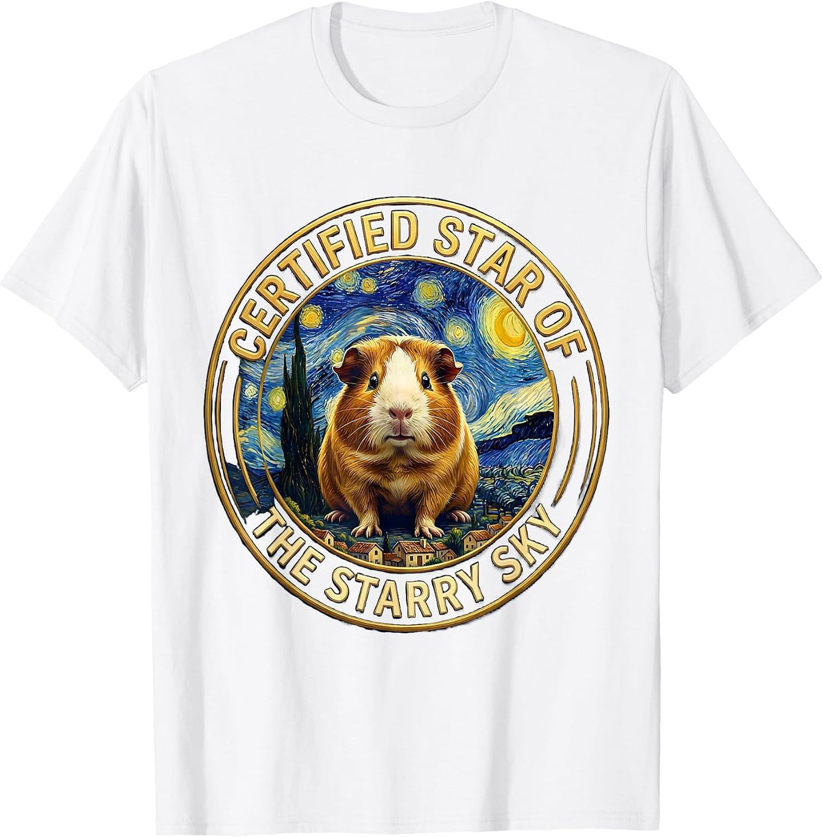 Certified Star Of The Starry Sky Funny Guinea Pig Van Gogh T-Shirt - White