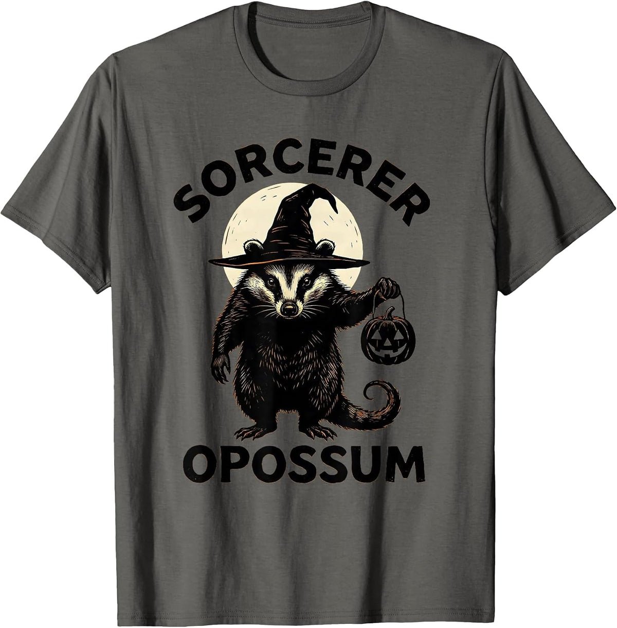 Sorcerer Opossum Linocut Vintage Gothic Halloween Spooky T-Shirt - Asphalt Grey