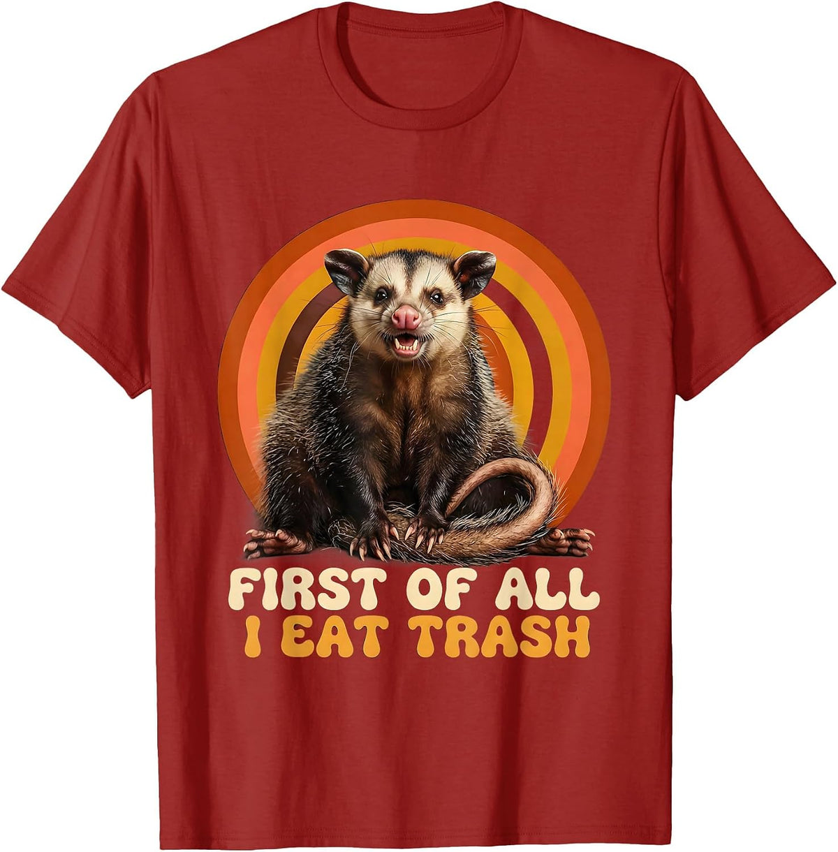 First Of All, I Eat Trash Retro 70s Opossum Meme Humor T-Shirt - Cranberry Red