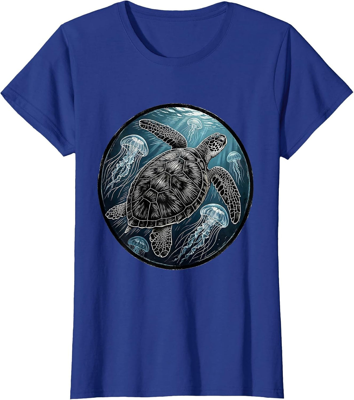 Women's Sea Turtle Swimming Through Jellyfish Bloom T-Shirt - Royal Blue