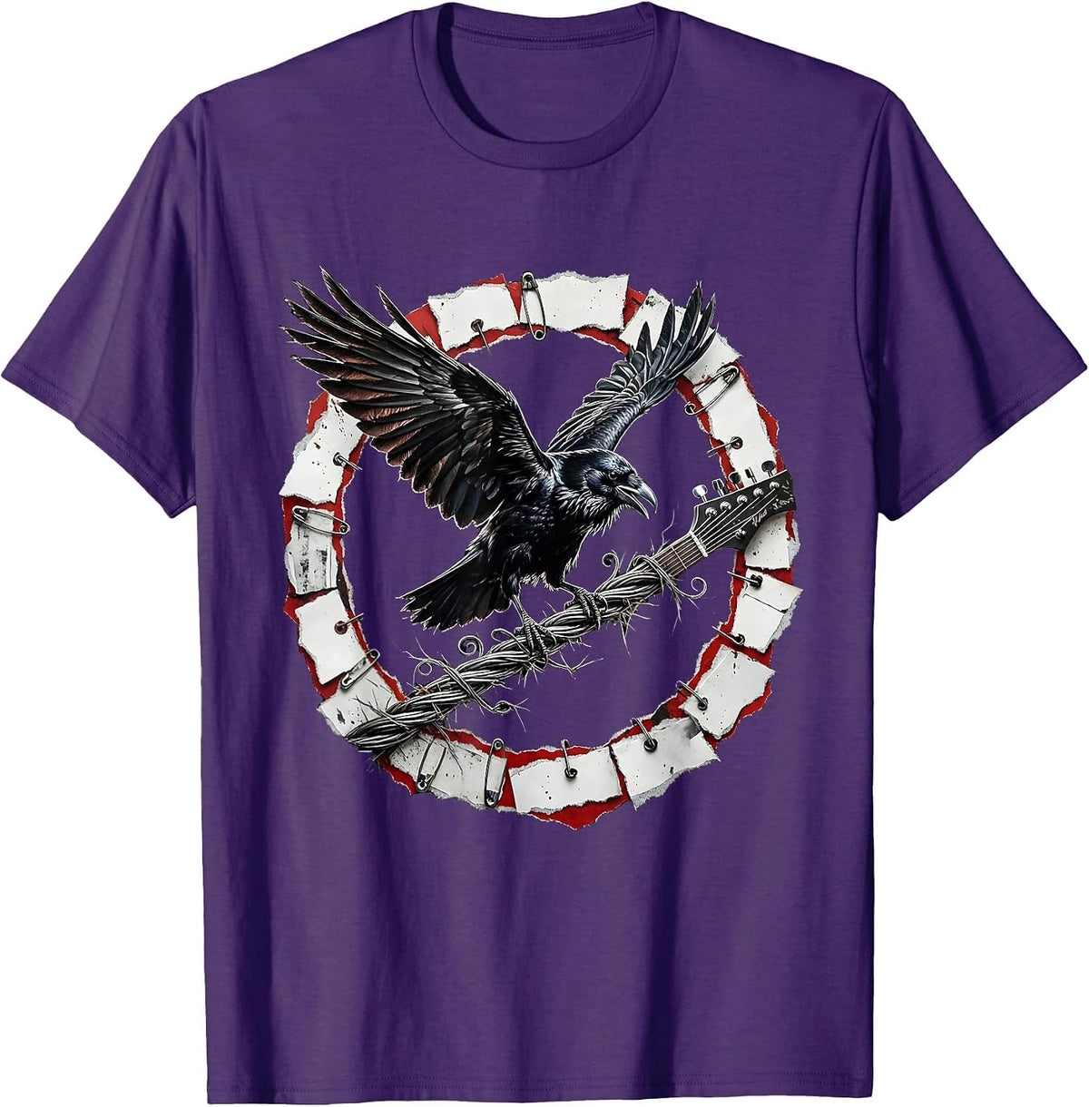 Men's Raven on Broken Guitar String Rock Art Design T-Shirt - Purple
