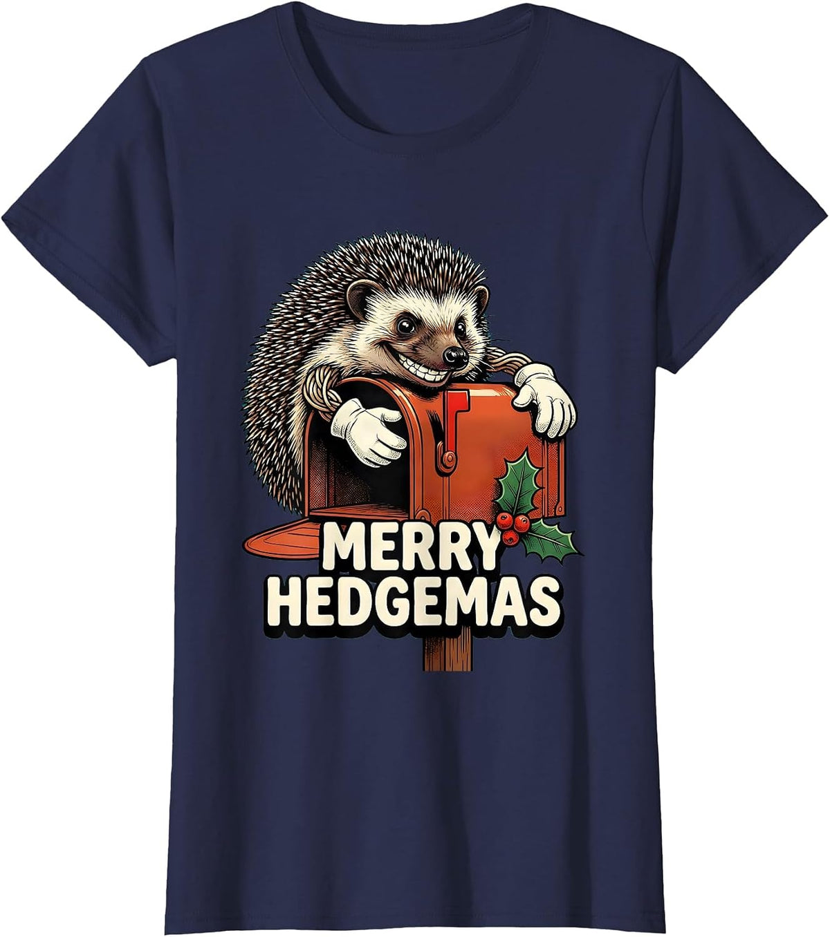 Women's Merry Hedgemas Retro Cartoon Hedgehog Christmas Humor T-Shirt - Navy Blue