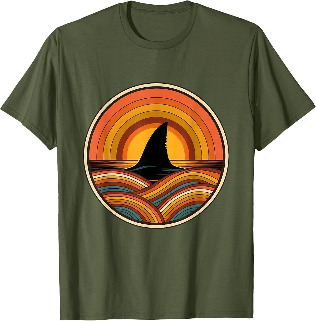 Shark Fin Glassy Ocean Wave Surf Design T-Shirt - Olive Green