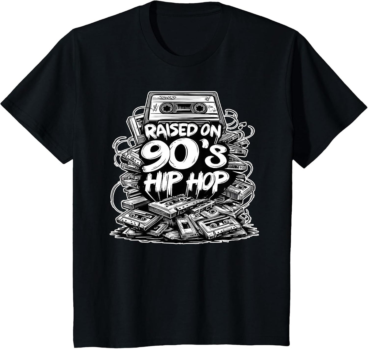Raised ON 90s Hip HOP Cassette Tape Graffiti Rap T-Shirt - Black