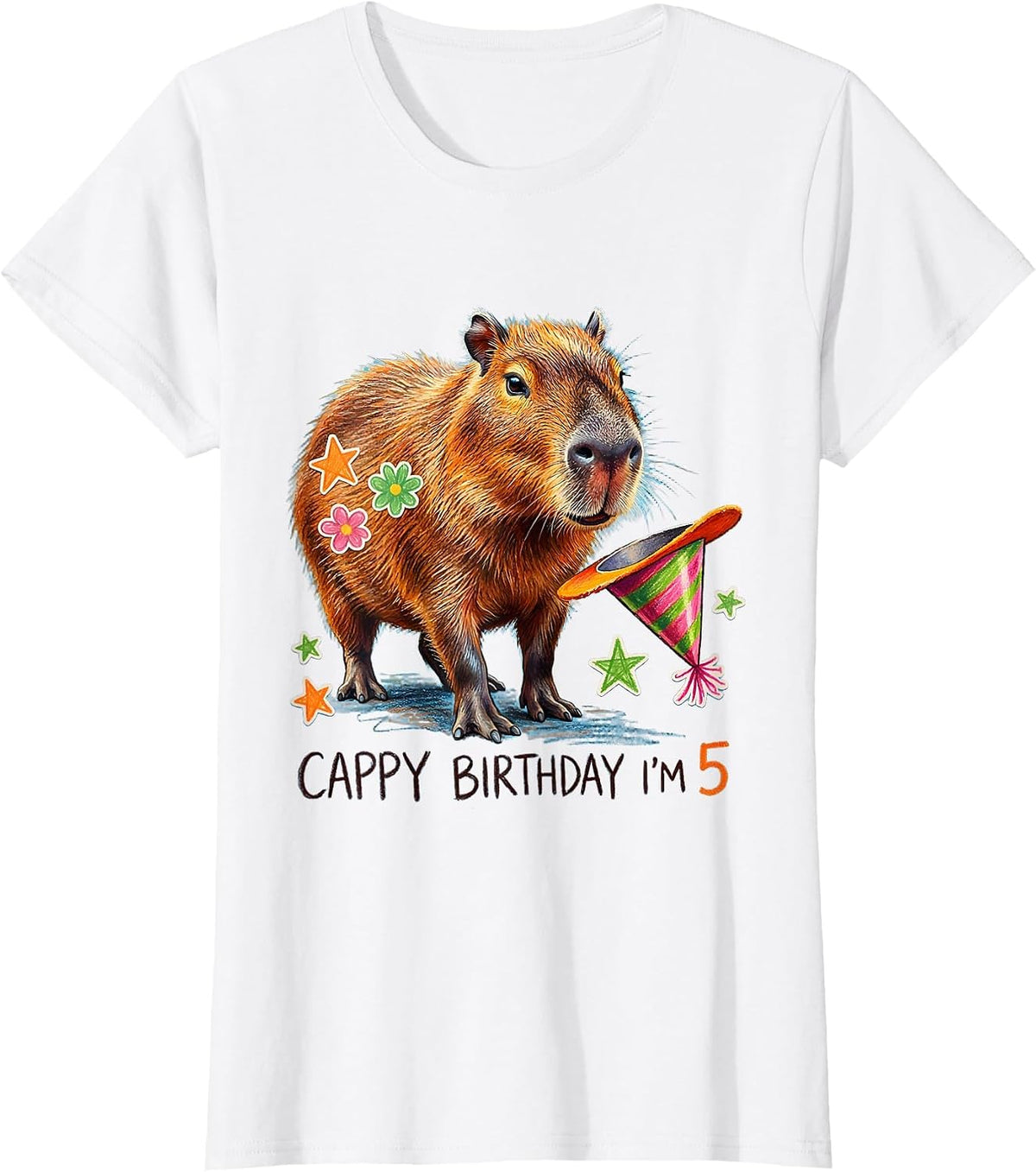 Women's Cappy Birthday, I'm 5 Funny Capybara Meme Birthday Kidcore T-Shirt - White