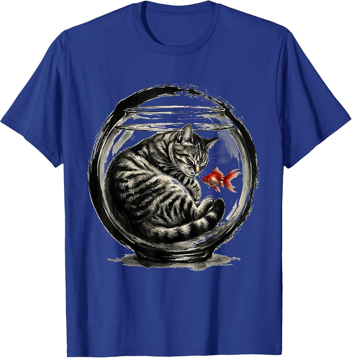 Cozy Tabby Cat Curled Inside Fishbowl Graphic T-Shirt - Royal Blue